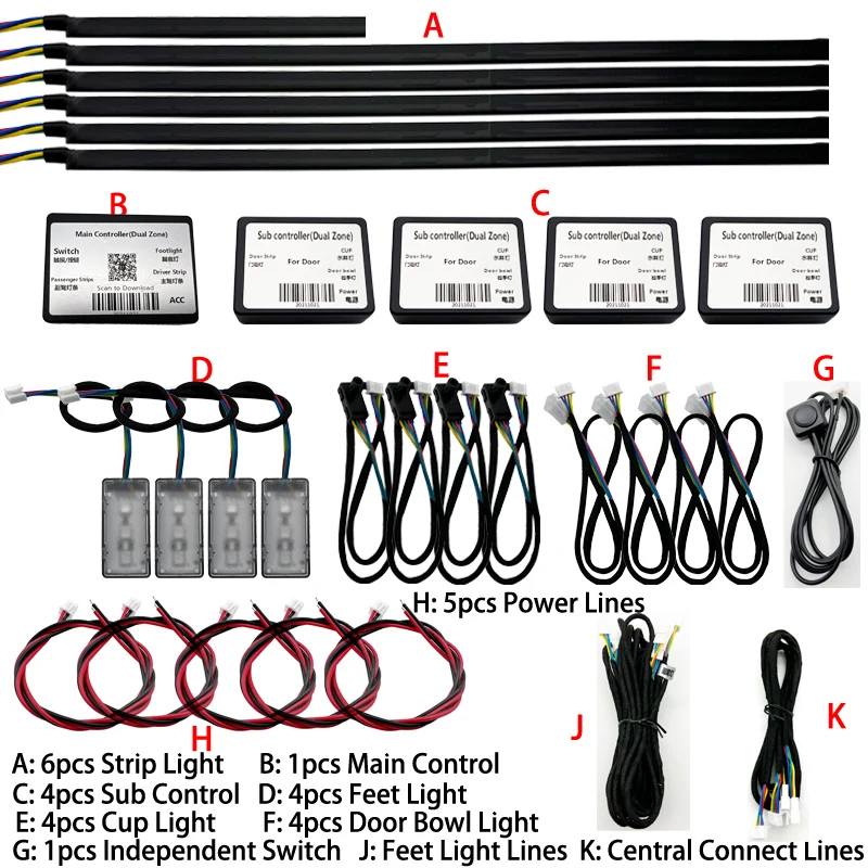 18 in 1 RGB Dual Zone LED Car Atmosphere Light Interior Decoration Acrylic Strip Backlight App Decorative Ambient Lamp Dashboard