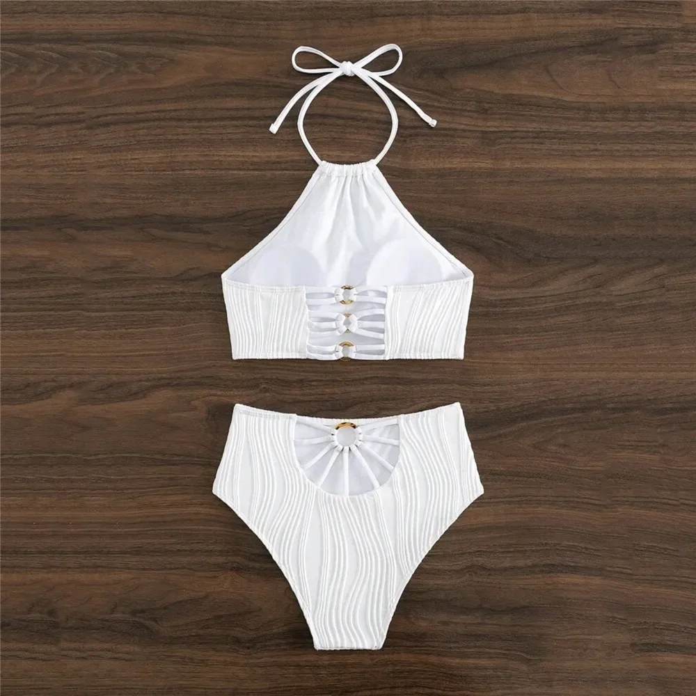 Seksowne białe bikini z wysokim stanem Kobiety Prążkowane stroje kąpielowe Push Up Strój kąpielowy Halter Backless Crop Top Back Hollow Out Strój