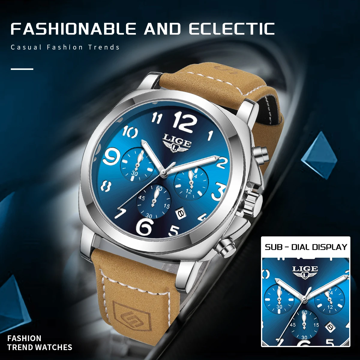 LIGE Fashion Retro Man Watch Casual Sports Luxury Leather Strap Waterproof Luminous Auto Date Quartz Watches for Men Chronograph
