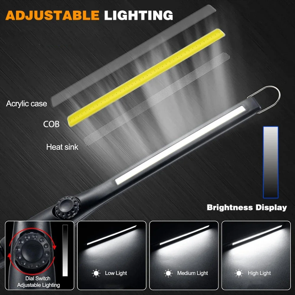 Multifunctional COB Flashlight With Magnetic USB Rechargeable LED Work Lights Stepless Dimming Emergency Car Repair Flashlights