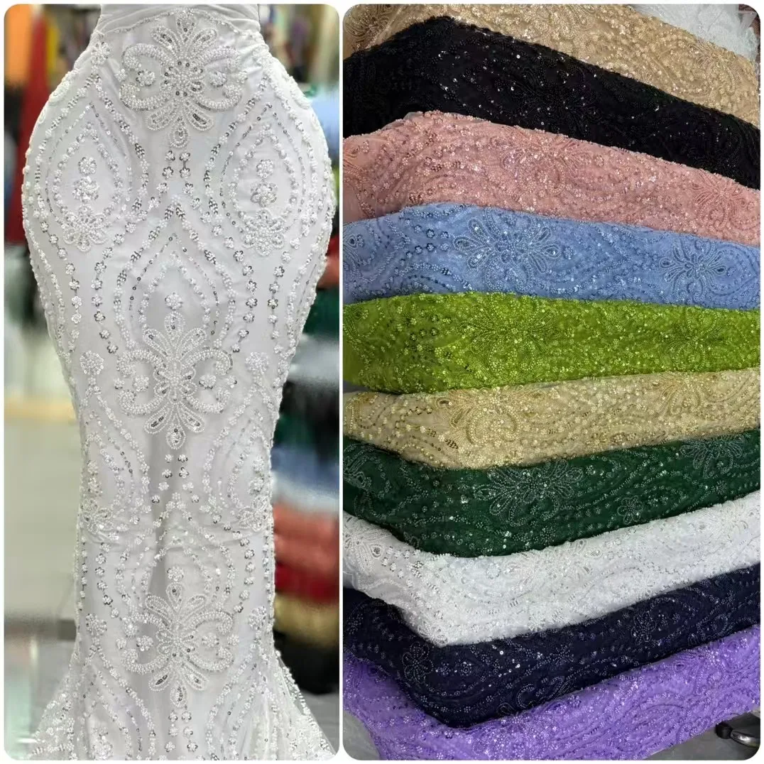 

(5yards/pc) 2025 newest beige gold African beads sequins tulle lace embroidered French net lace for party dress 10 colors FJY002
