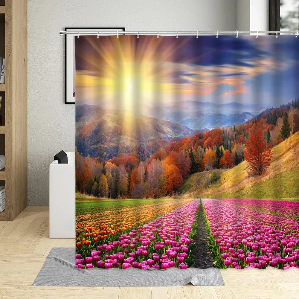 Tulip Landscape Flowers 3D Printing Waterproof Bathroom Shower Curtain Polyester Cloth With 12 Hooks Bathtub Curtains Home Decor image 5