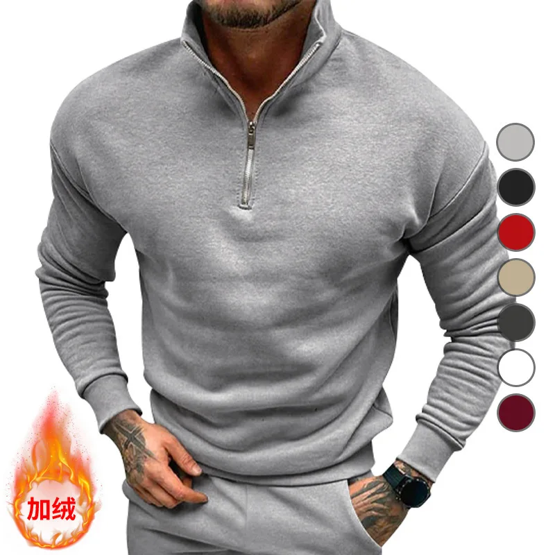 GZMS-Casual Fleece-lined Top for Men, Long Sleeve, Half Zipper, Stand Collar, Monochrome, Fall, Winter