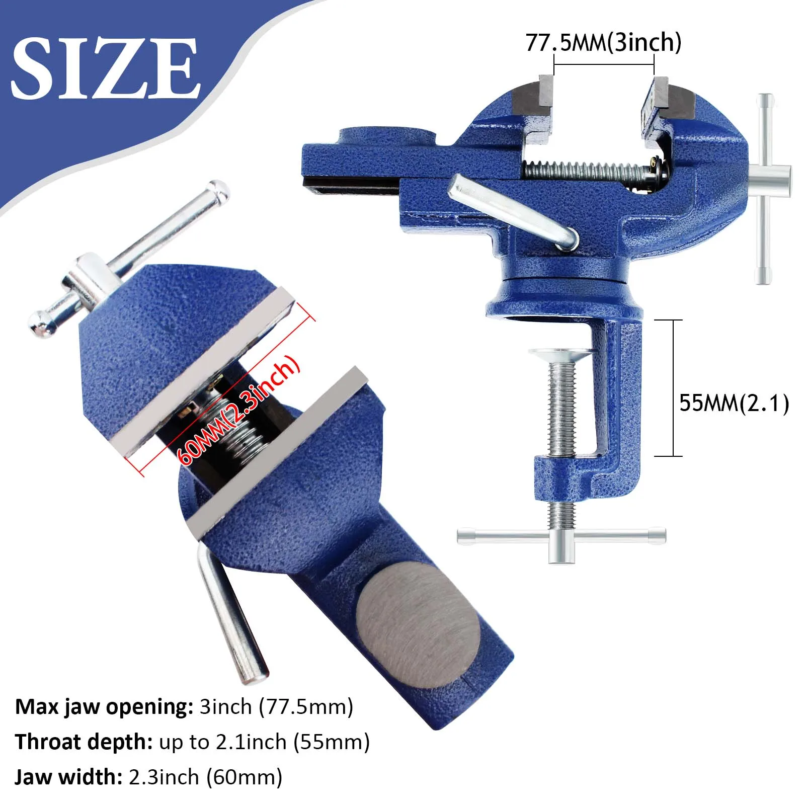 “3-Inch Universal Bench Vise w/360° Swivel Base - Quick-Adjust Clamp-on for Wood/Metalworking, Conduit, Drilling, Jewelry Repair