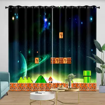 Zatemňovací závěsy do ložnice s motivem S-Mario s průchodkami do pokoje, 2 kusy, dětská ložnice, bytová dekorace, vnitřní závěsová přepážka 10 nejlepší prodej Záclony Super Mario - №2