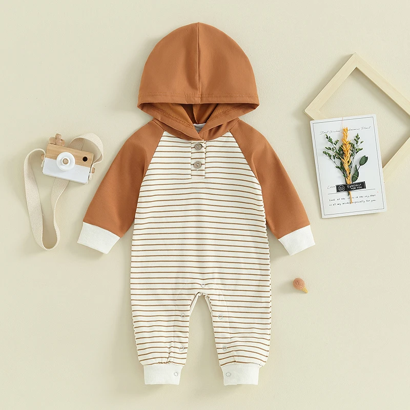 

Toddler Baby Boys Girls Hooded Romper Long Sleeve Striped Jumpsuit Infant Fall Winter Outfits