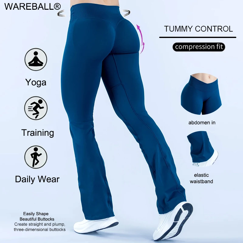 WAREBALL Seamless Women Gym Yoga Flared Pants V-Waist Seamless Sports Leggings Fitness Wide-leg Trousers