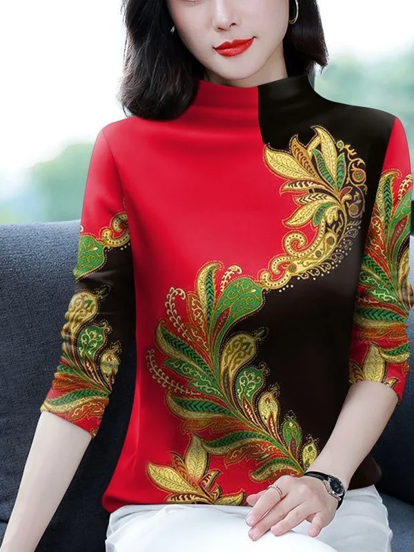 

Thickened Fleece Long Sleeve Printed Base Shirt High Neck Women's Fashionable Top for Middle-Aged And Elderly Casual Style Wa...