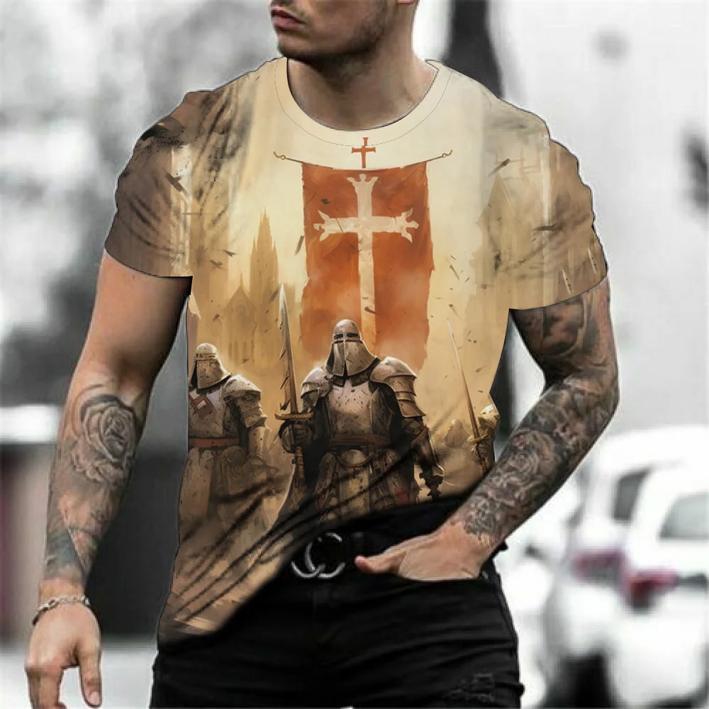 Retro Knights Templar Cross Print Men\'s T-shirts Summer Casual Loose Round- Neck Tee Shirt Sports Tees Oversized T Shirt For Men