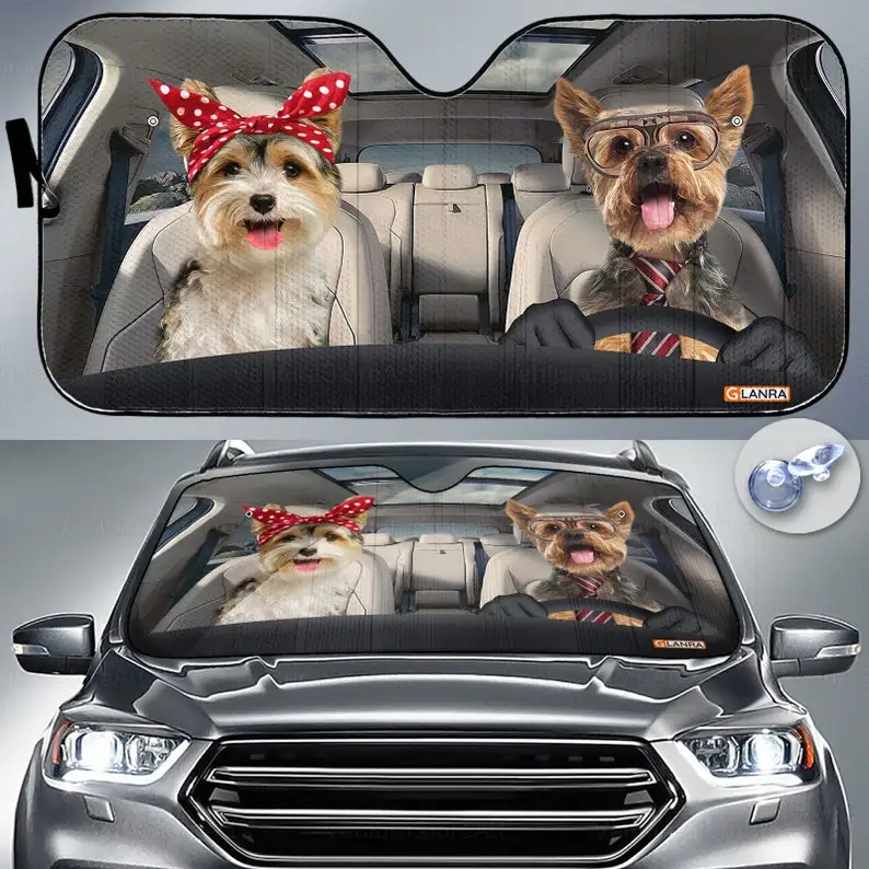 

Yorkshire Couple Car Sunshade, Dog Car Decoration, Yorkshire Lover, Auto Sun Shade, Gift For Dad, Car Windshield, PHT172205G04