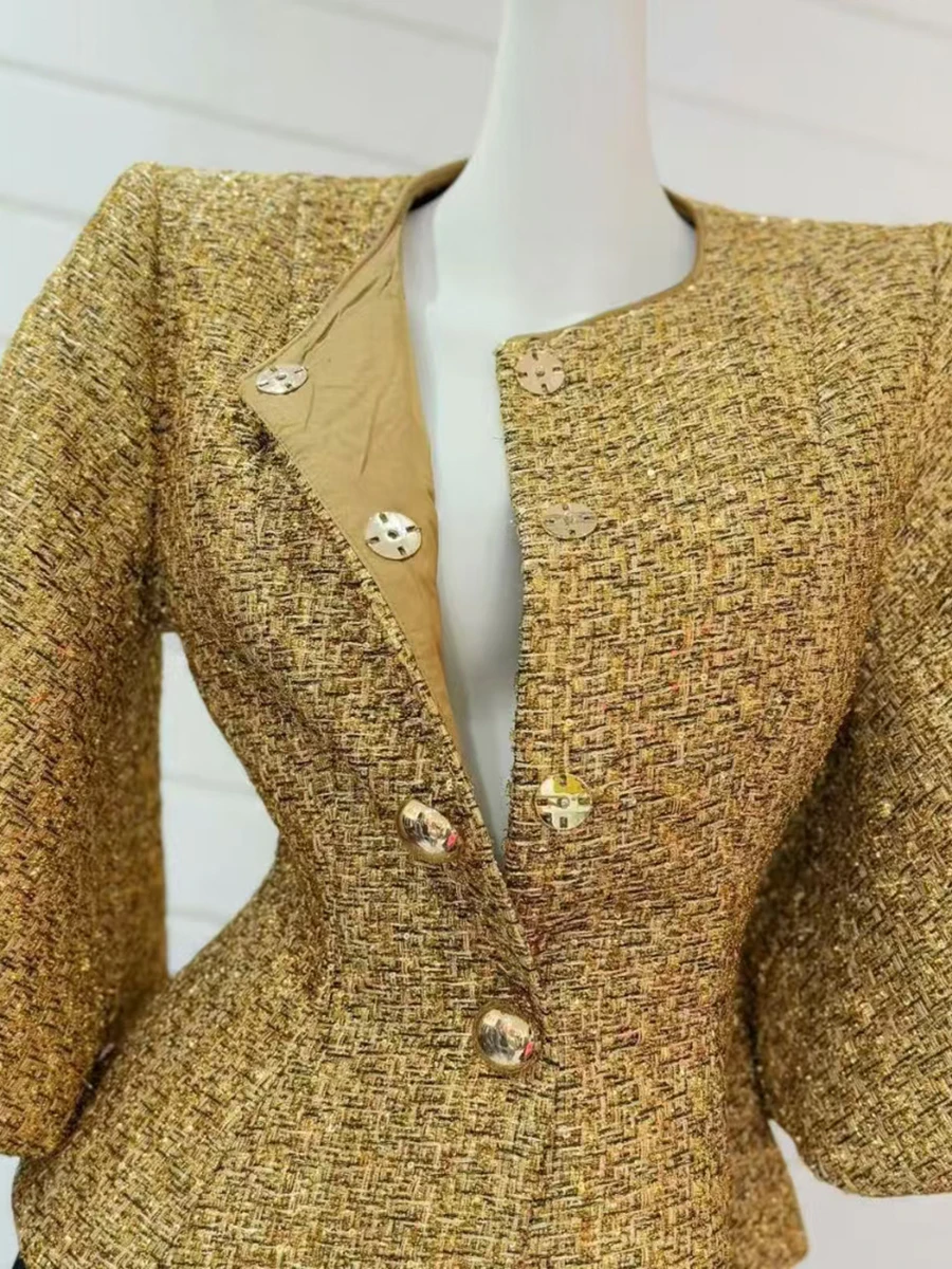 TWOTWINSTYLE Solid Slimming Temperament Coats For Women Round Neck Lantern Sleeve Tunic Patchwork Single Breast Jacket Female