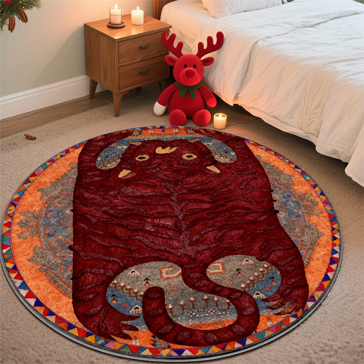 Vintage Tibetan Tiger Round Rug Traditional Oriental Animal Medallion Area Carpet Large Circular Floor Mat For Living Room