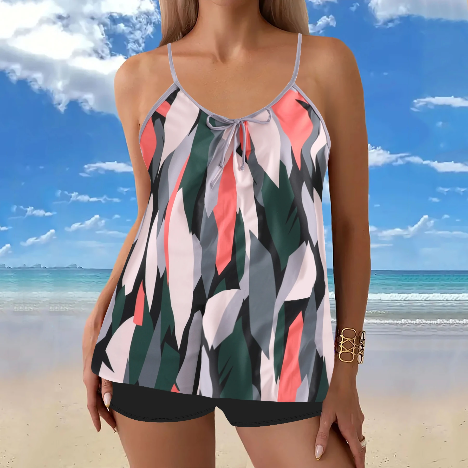 Conjunto tankini con estampado floral para mujer, elegante traje de baño de bikini de 2 piezas con correas ajustables y parte inferior de cintura alta, ropa de playa de verano
