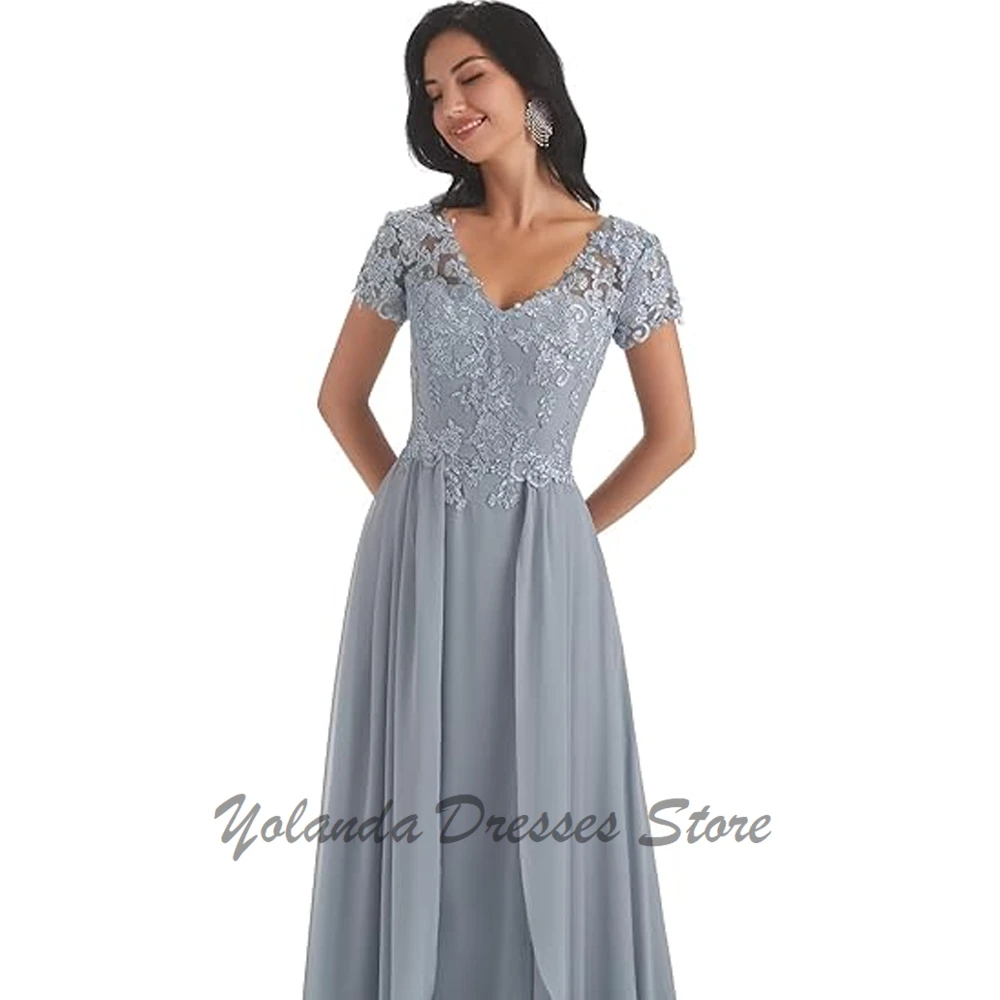 Moda scollo a V madre della sposa abiti maniche corte Applique pizzo abito formale abito da sera in Chiffon Lace Up lunghezza del pavimento