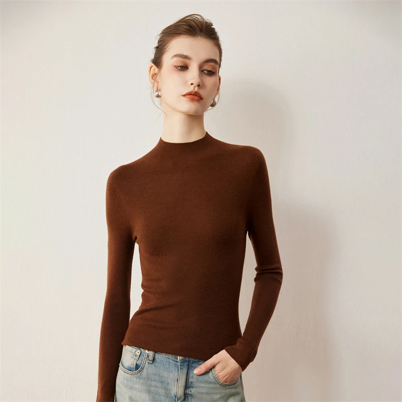 CHICUU Machine Washable 100% Wool Sweater Women Mock Neck Pullover Autumn Winter Basic Long Sleeve Knitwear Seamless Soft Comfy