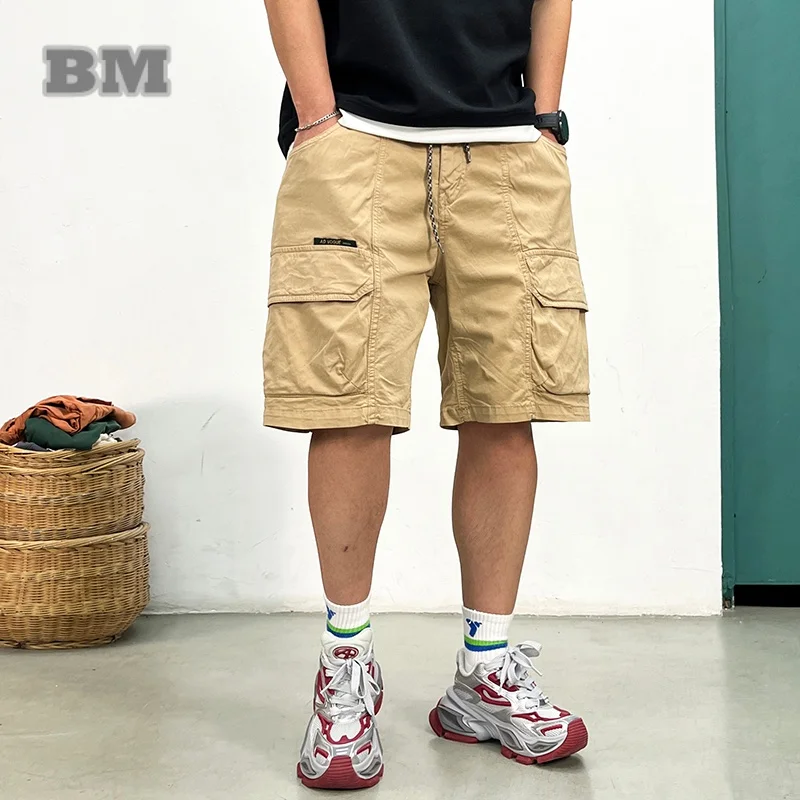 Japanese Cargo Shorts Men Summer Elastic Waist Drawstring Multi Pocket Loose Fit Casual Streetwear Plus Size 5Inch Mid-Length
