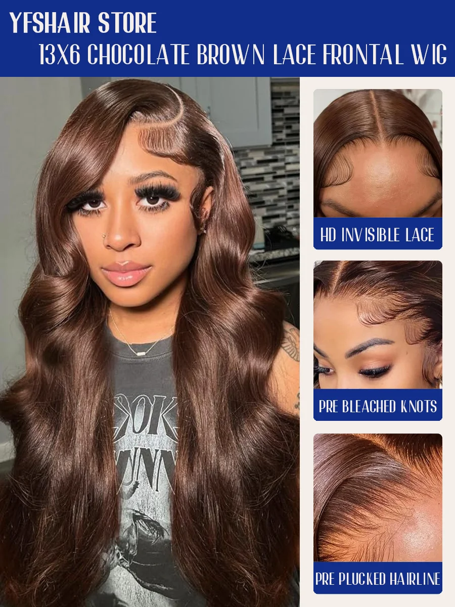 #4 Chocolate Brown Body Wave Dark Brown Human Hair Wigs 40 Inch & 200% Density HD Transparent Skin-melt Swiss Lace Frontal Wig For Women