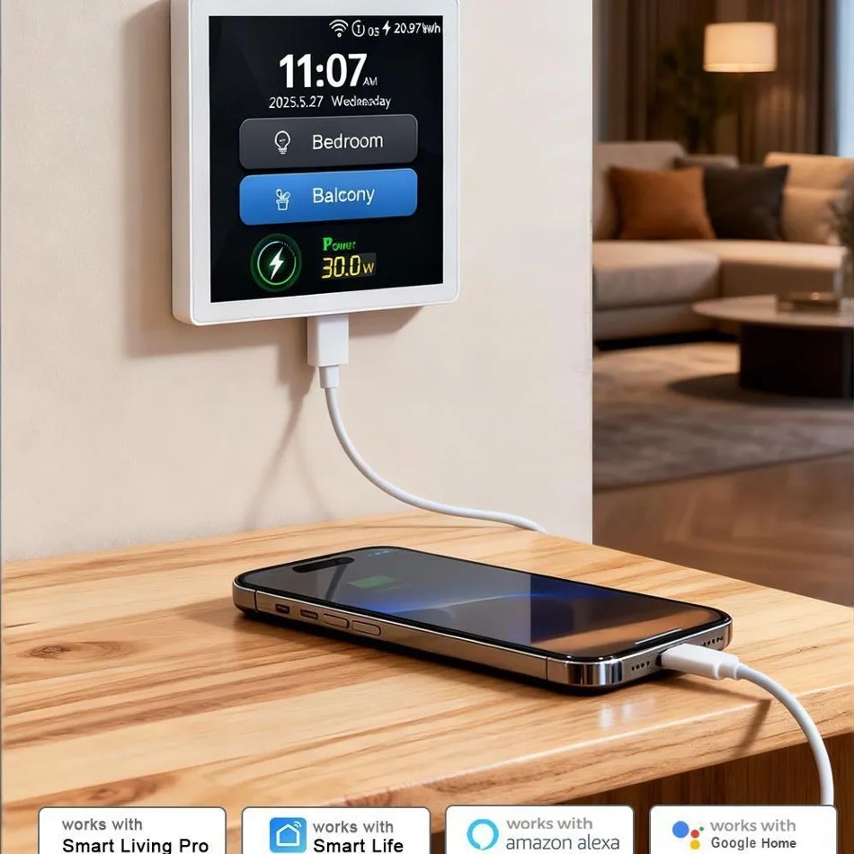 Tuya ZigBee 4 Inch Touch Switch, 30W Fast Charging Smart Home Control Wall Switch