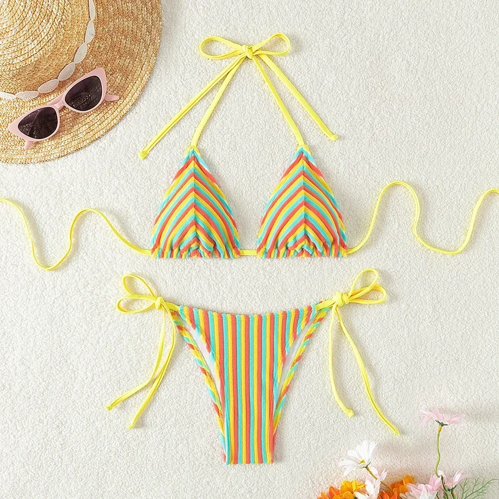 9 couleurs nouvelle serviette tissu licou cou cravate rayé Bikini maillot de bain pour les femmes été plage vacances taille basse maillots de bain 2024