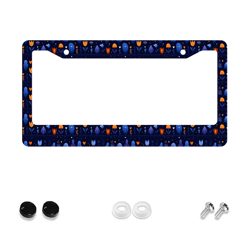 

1pc Blue and Orange Cartoon Flower Pattern 2 Hole License Plate Frame, Aluminum Material, 6x12 Inches, with Screw Set, Retro No