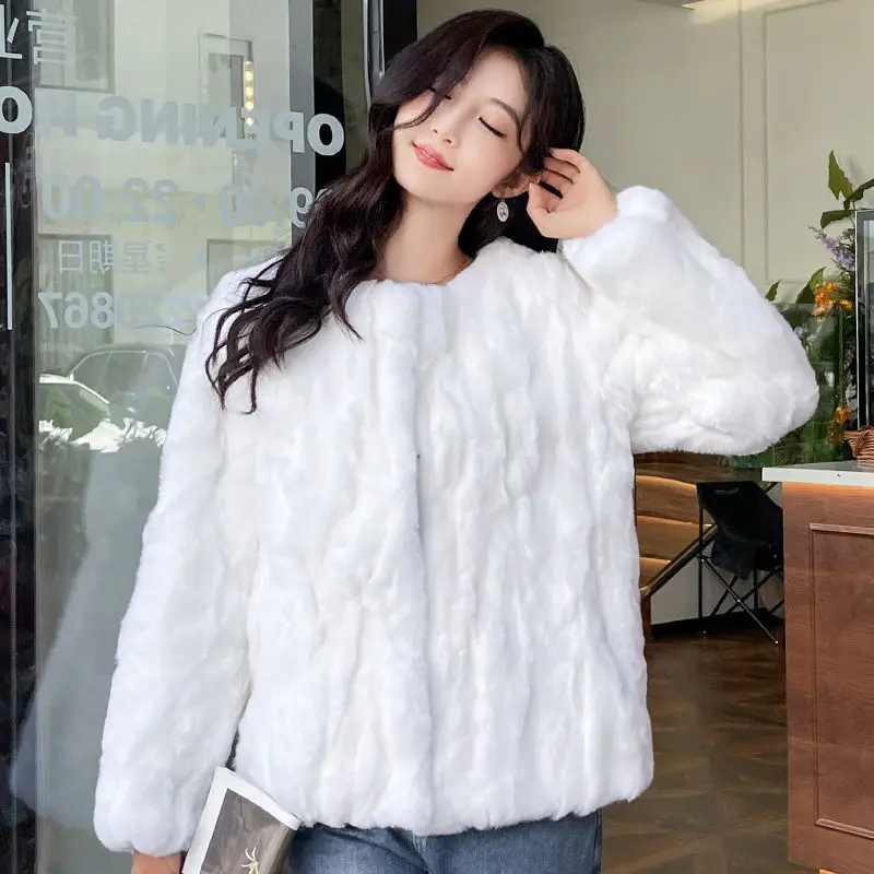 Cappotto in vera pelliccia di coniglio Giacca invernale da donna Stile ampio Manica lunga in pelliccia naturale Bolero Abbigliamento da donna Capispalla pelosi femminili