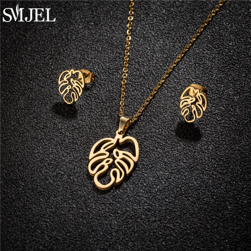 2024 Bohemia Monstera Leaf Necklace Earrings Stainless Steel Lotus Mandala Snowflake Charms Gold Color Jewelry Sets Wholesale