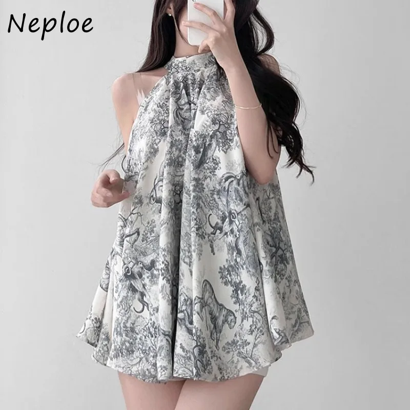 Neploe Vintage Stand Collar Print Blouses Lace Up Slim Waist Ruched Shirts Women 2024 Summer New Halter Chiffon Blusas Mujer