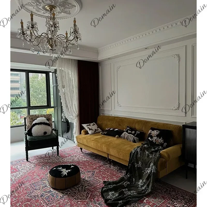 80 N Elegant Velvet Straight Sofa with Large Backrest, Yellow Velvet French Style, Comfy Latex Cushion