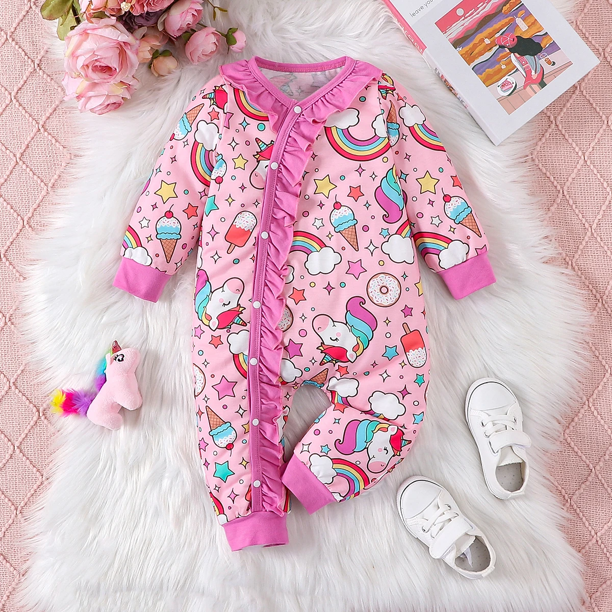 Unicorn Rainbow Ice Cream Print Round Neck Long Sleeve Girl Baby Bodysuit Lace Decoration Oblique Opening Tube Design