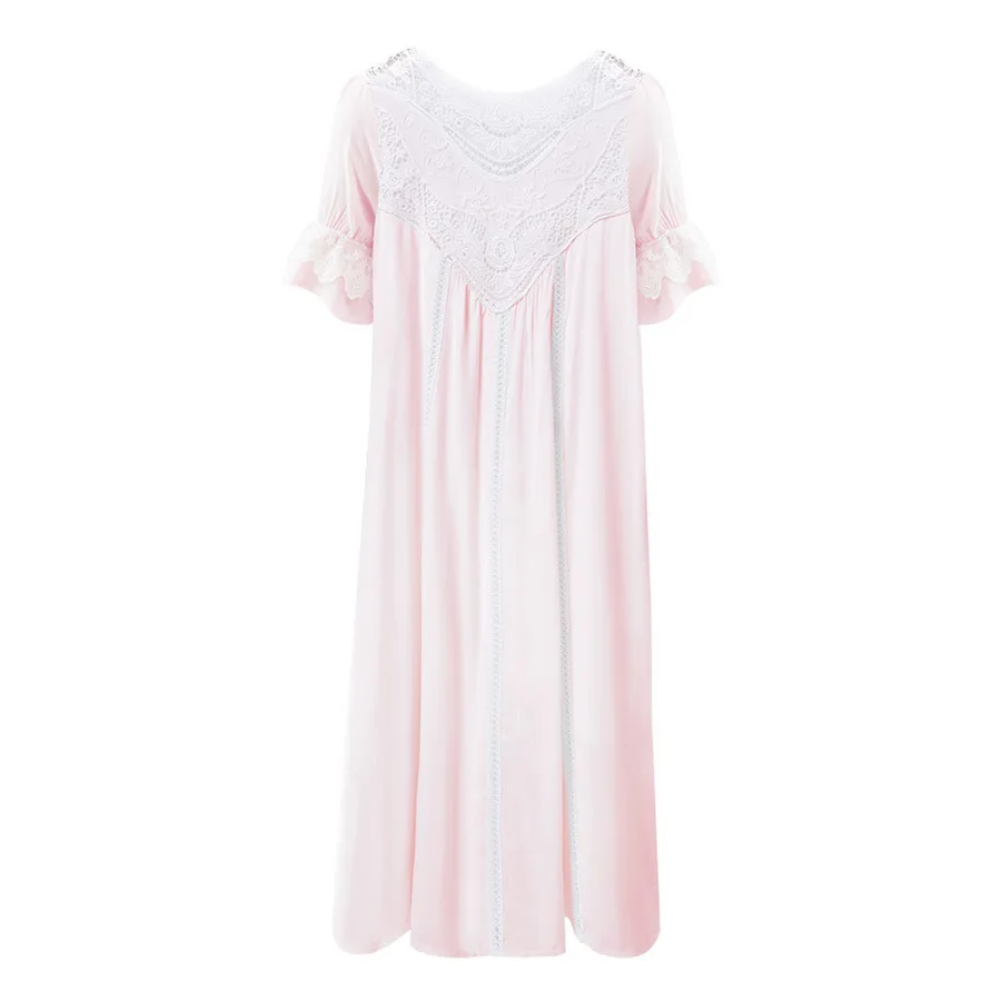 Elegant Ladies Cotton Nightgown Sleepwear Lace Hollow Sexy Women Night Dress Summer Pink White Plus Size Lingerie Dress Female