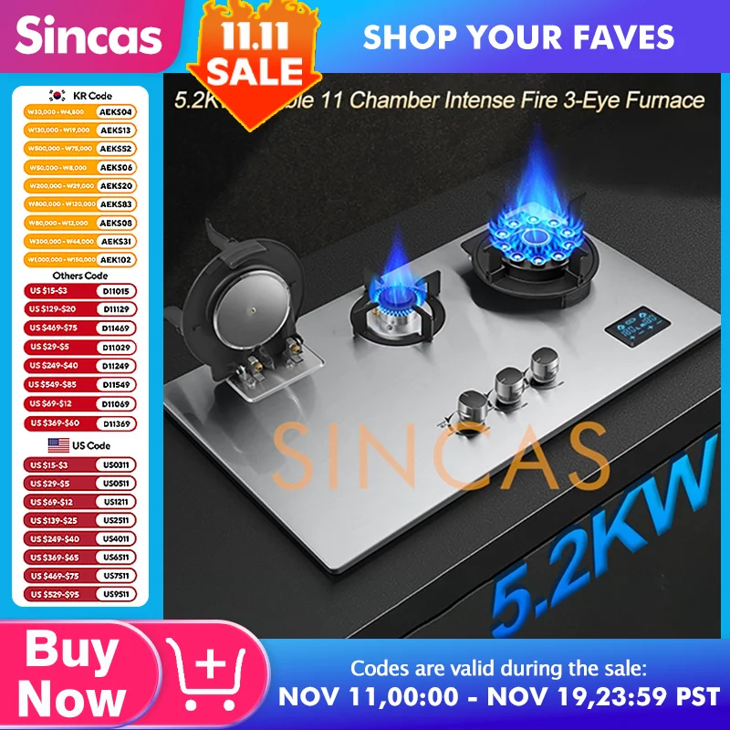 Estufa de Gas de sincronización de doble cara de tres quemadores de fuego feroz de 5,2 kW para el hogar, estufa de Gas con tapa abatible antiaceite integrada para escritorio