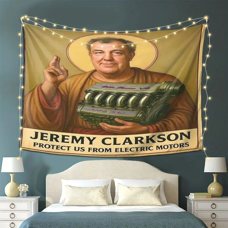 VIKAMA Jeremy Clarkson Tapestry V8 Engine Saint Style Portrait Funny Car Meme Wall Hanging For Garage Man Cave Dorm Decor