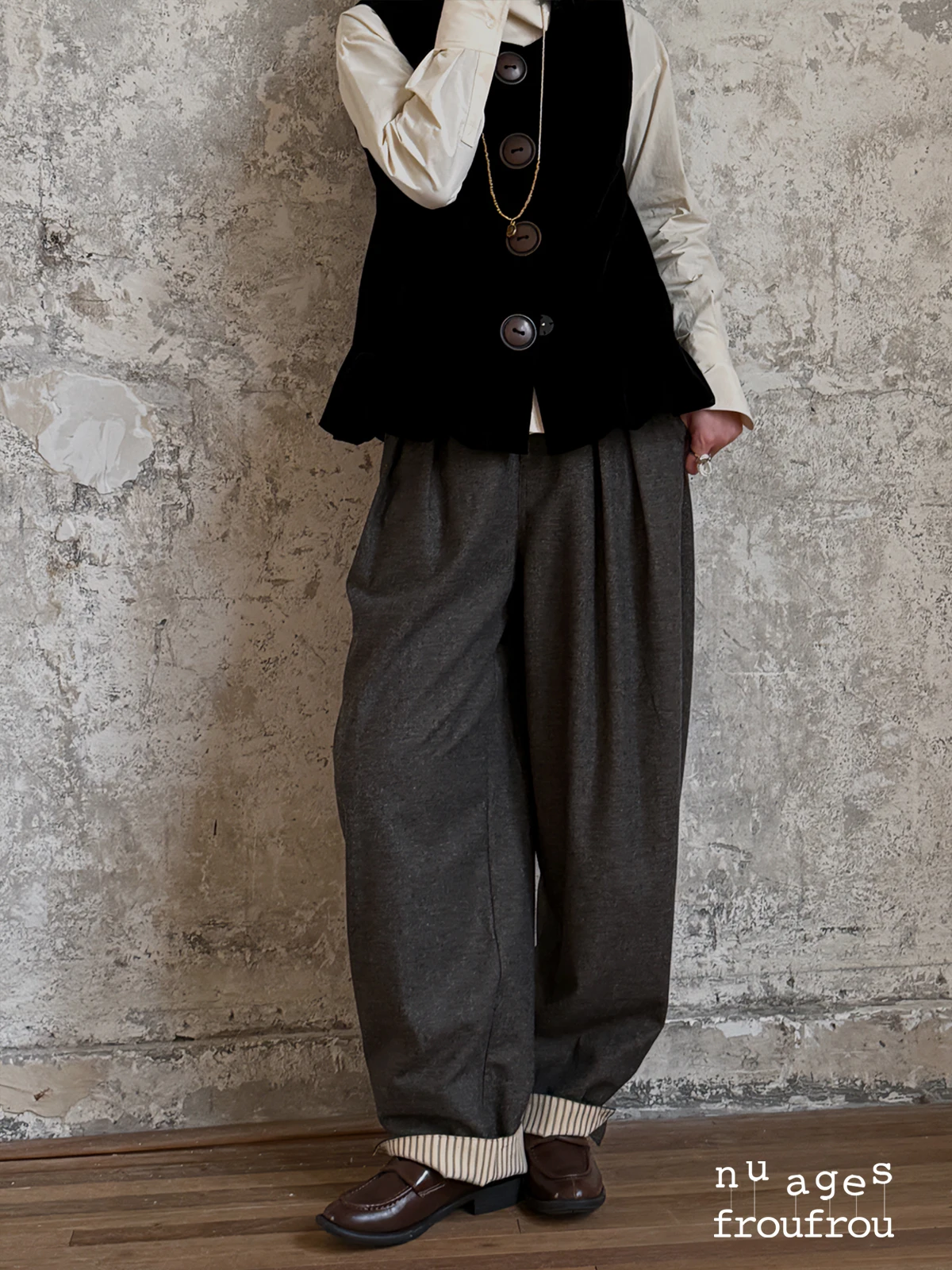 

NuagesFroufrou Vintage Wide Leg Pants Deep ey Wool Blend Casual All-Match New Sle High Waist Polyester Wool Blend Ladies ...