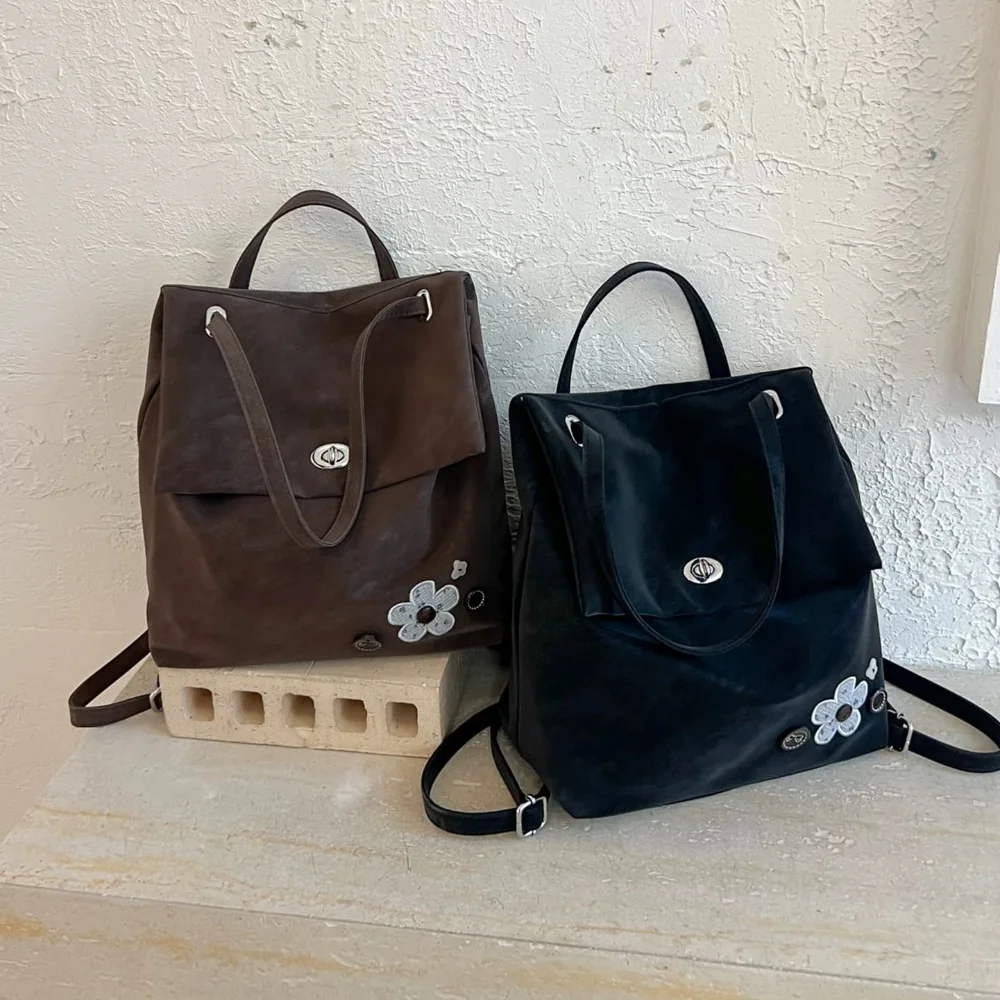 Women Retro Commuting Versatile Leather Backpack Daily Casual Flower Decor Turn Lock Vintage Shoulder Bag