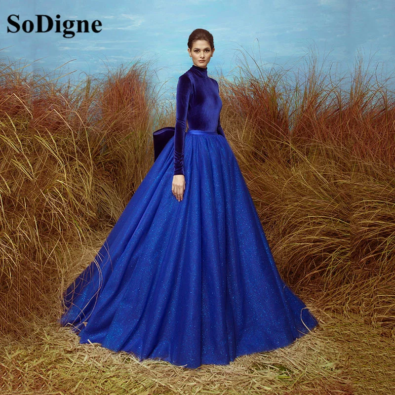 

SoDigne Glitter Sequin A-Line Prom Dresses Arabic High Neck Velour Blue Long Sleeves Formal Evening Gowns Vestidos De Gala