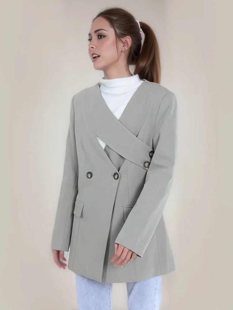 DEAT Fashion Women\'s Blazer V-neck Deconstruction Side Button Waist Long Sleeve Gray Suit Jackets Spring 2024 New Tide CPDB002