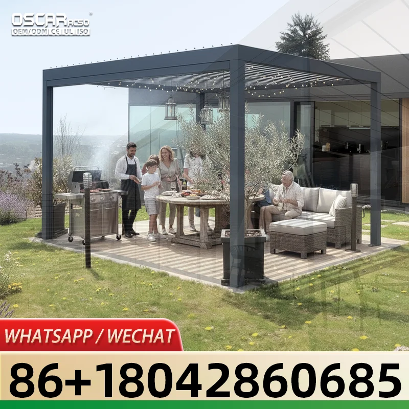 Outdoor Motorized Aluminum Patio Awning with Remote Control and Sunshade for Garden Backyard Poolside pergola