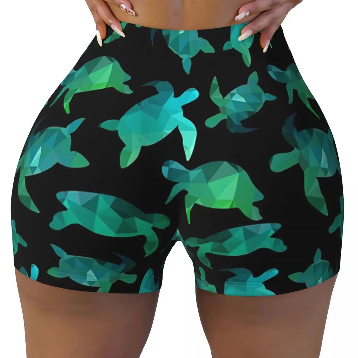 Custom Cute Turtle Yoga Shorts Women Gym Workout Running Athletic Volleyball Biker Shorts