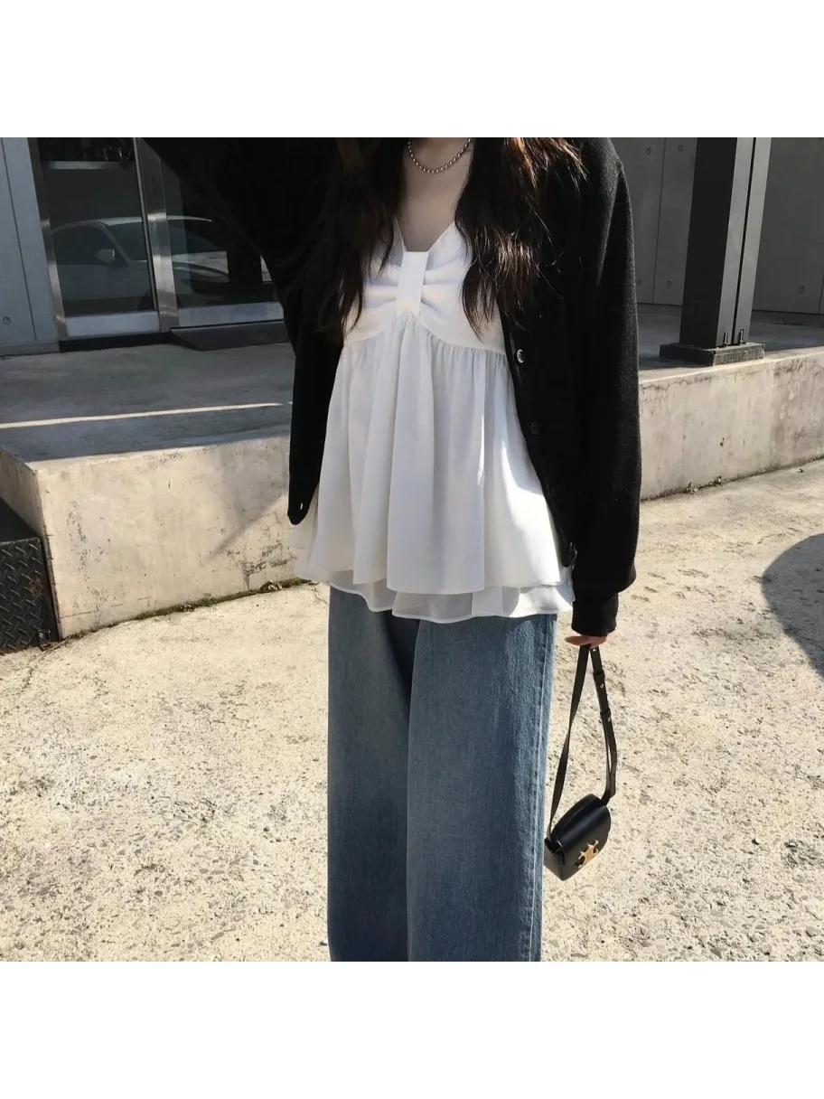 Sweet Simple Korean Style Women's Tank Top Casual Loose Fit Outerwear Regular Thickness Unique Design Slimming Effect