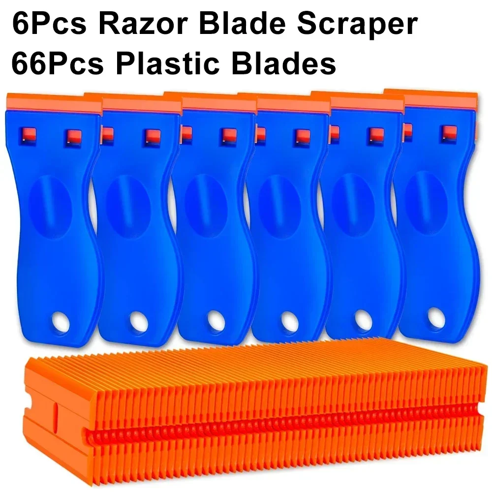 Plastic Razor Blade Scraper Tool, 6Pcs Scraper 60Pcs Plastic Blades, Cleaning Scraper Remover for Car Window Labels