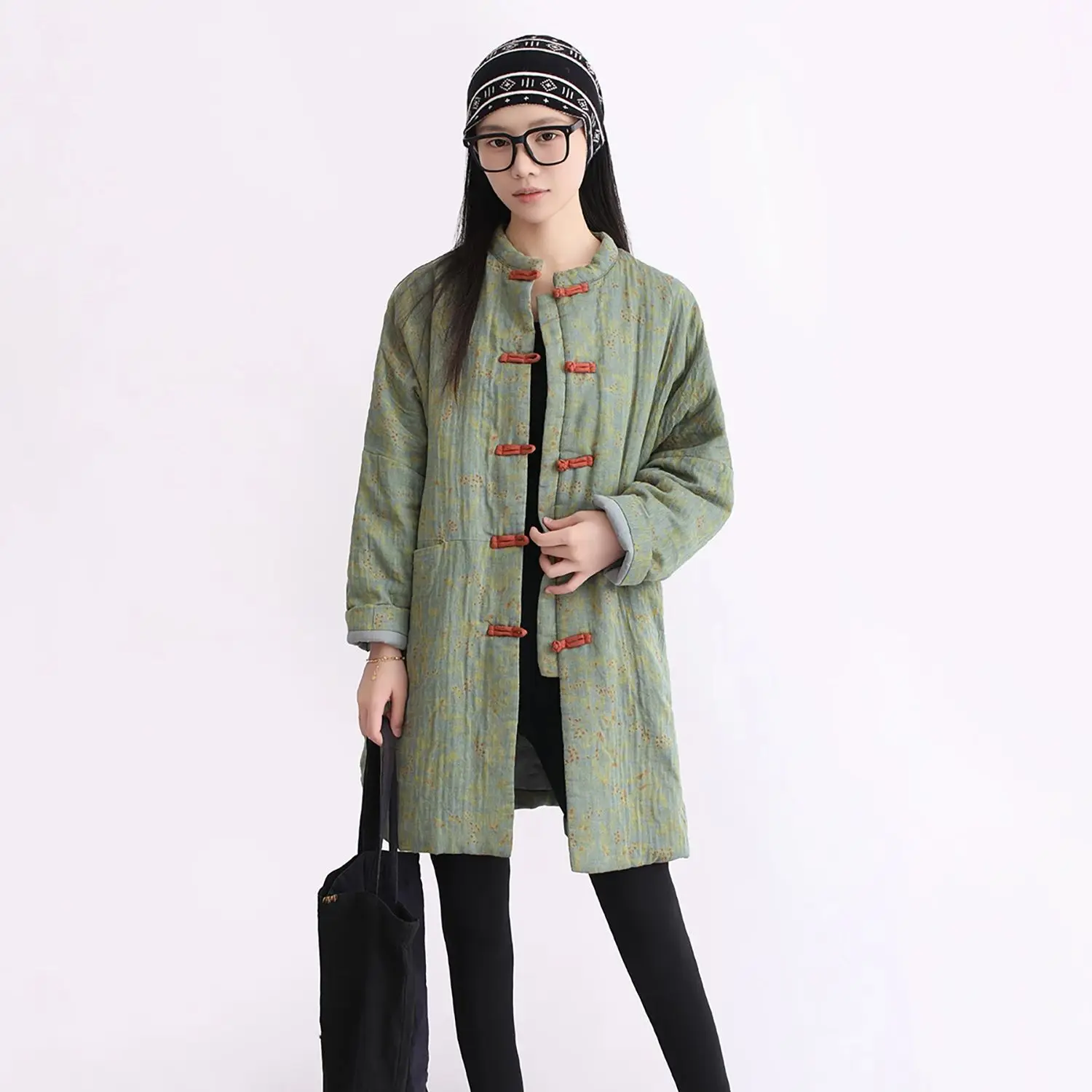 Kurtka zimowa LZJN, midi, w kwiaty, ocieplana bawełną – nowa, w stylu chińskim, ciepła, luźna, ze stójką, zapinana na guziki typu frog, postarzana.