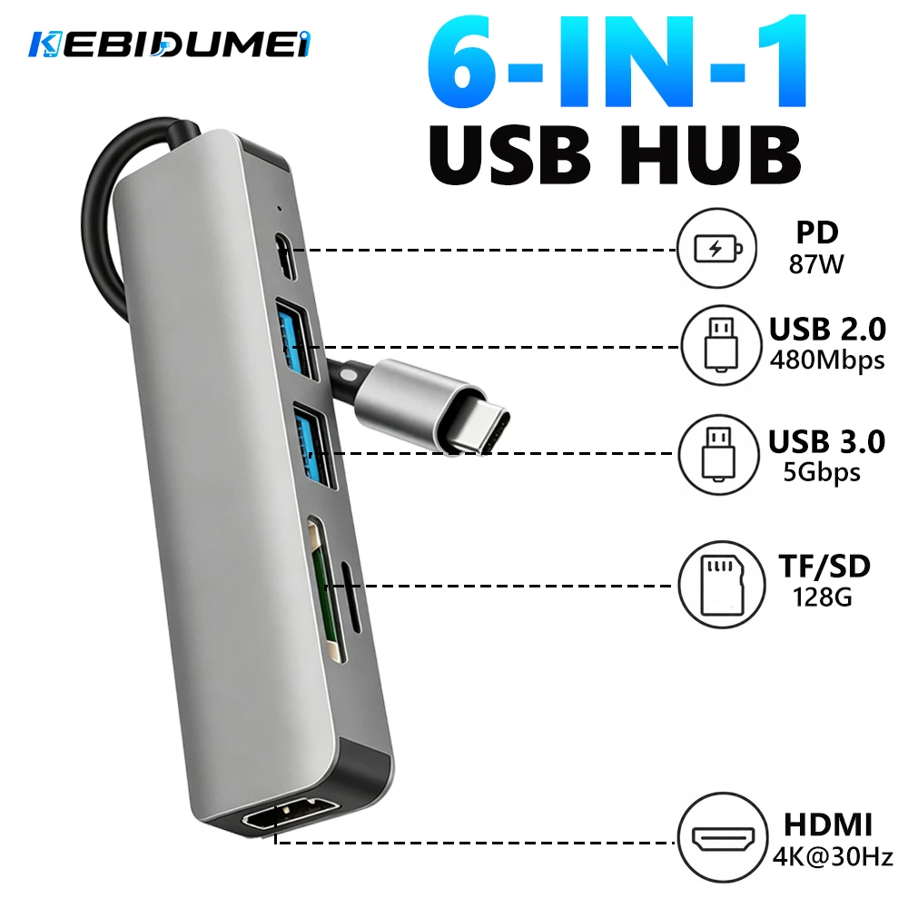 KEBIDUMEI 6 in 1 USB 3.0 HUB TYPE-C to 4K HDMI Docking Station SD TF Card Reader PD Charging Dock Computer Accessories For PC