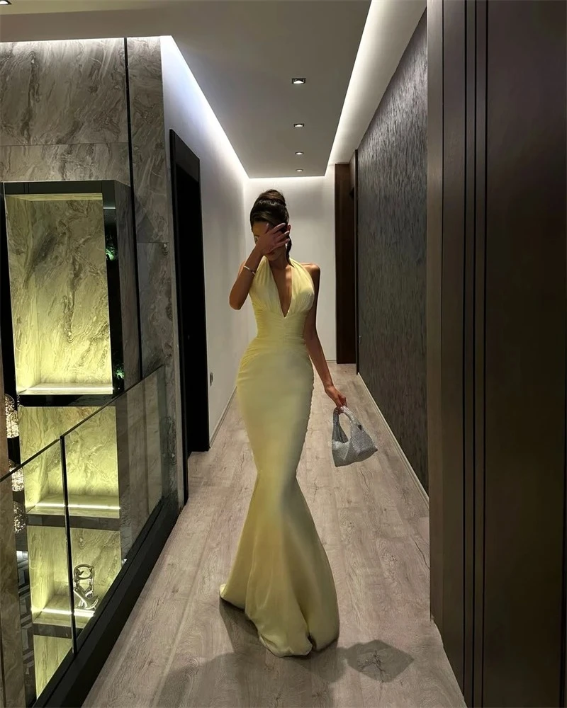 Xijun Baby فساتين سهرة شيفون أصفر داكن على شكل حرف v حورية البحر فساتين لحضور الحفلات الموسيقية رسن المملكة العربية السعودية فساتين حفلات رسمية مخصصة #3