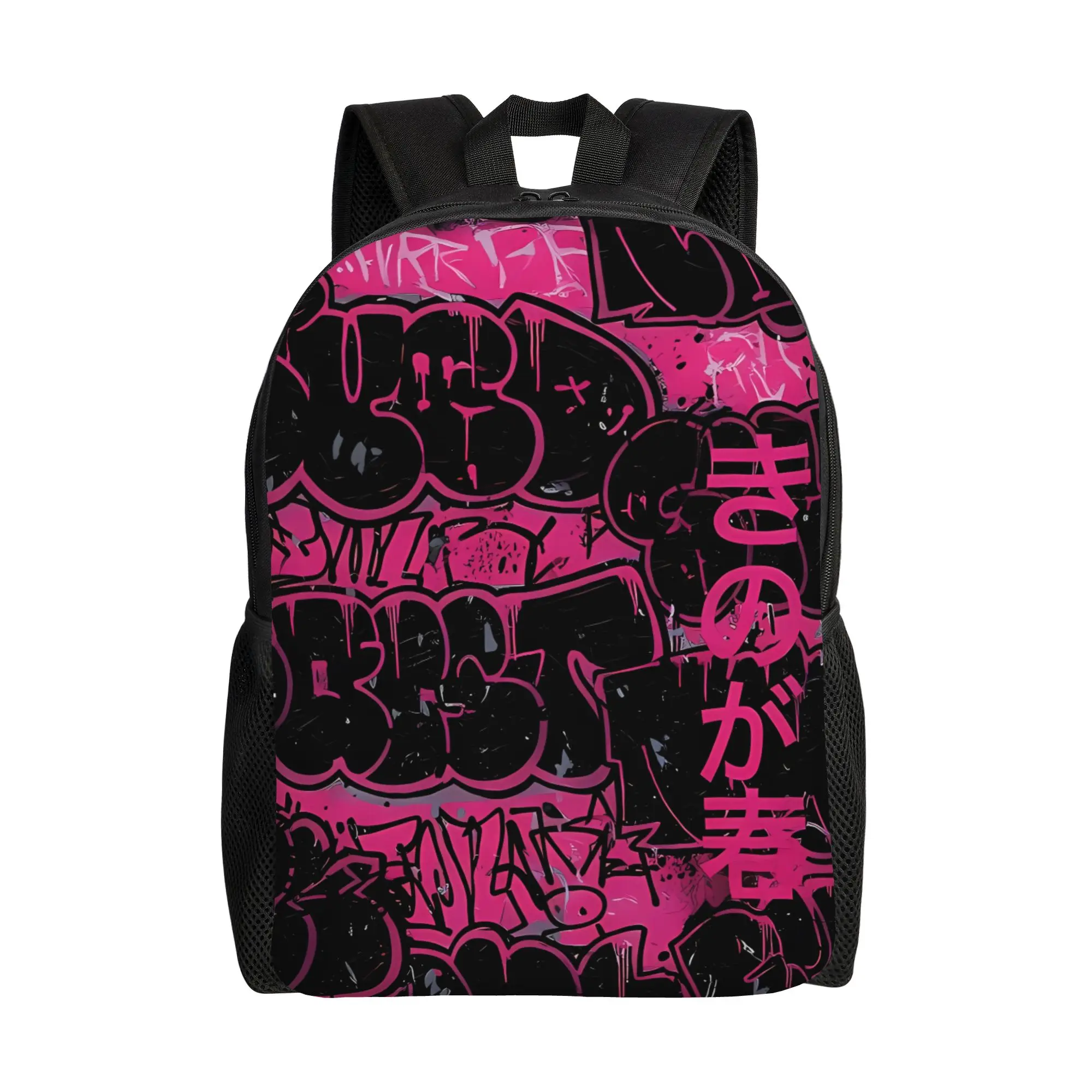 Y2K Dark Vertical Positive Words On Pinkish Red Graffiti Backpack Men Daily mochila Large Capacity Schoolbag Back To School
