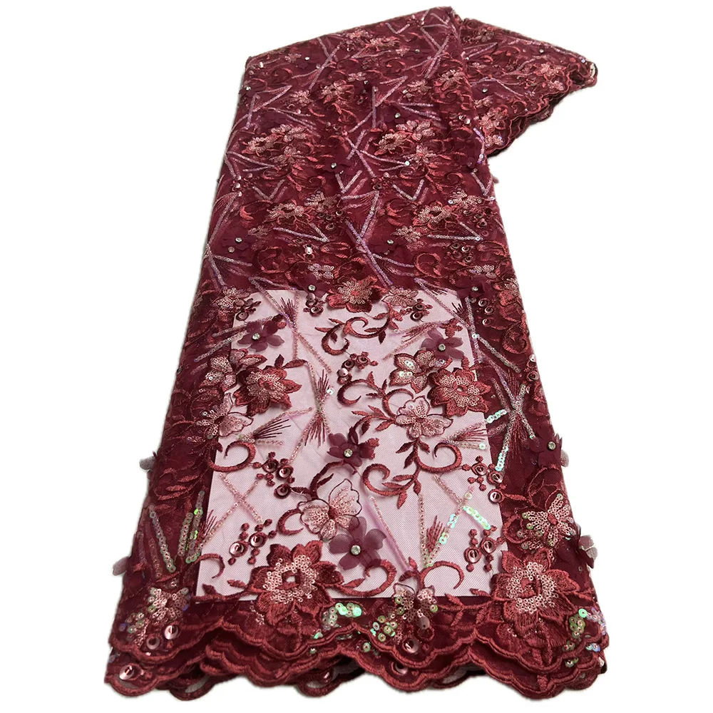 PGC Luxury African Wine Red Velvet Lace Fabric With Stone 2024 High Quality Sequined Embroidery Mesh Fabrics For Wedding