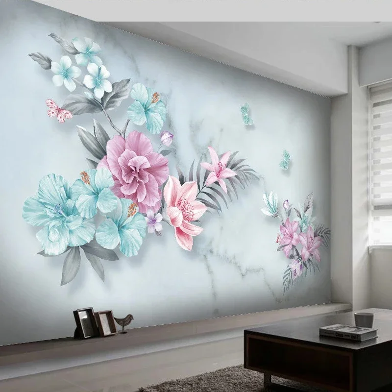 Custom 3D Wall Murals Wallpaper Pastoral Style Flower Butterfly Marble Photo Covering Living Room Bedroom Papel De Parede Tapety