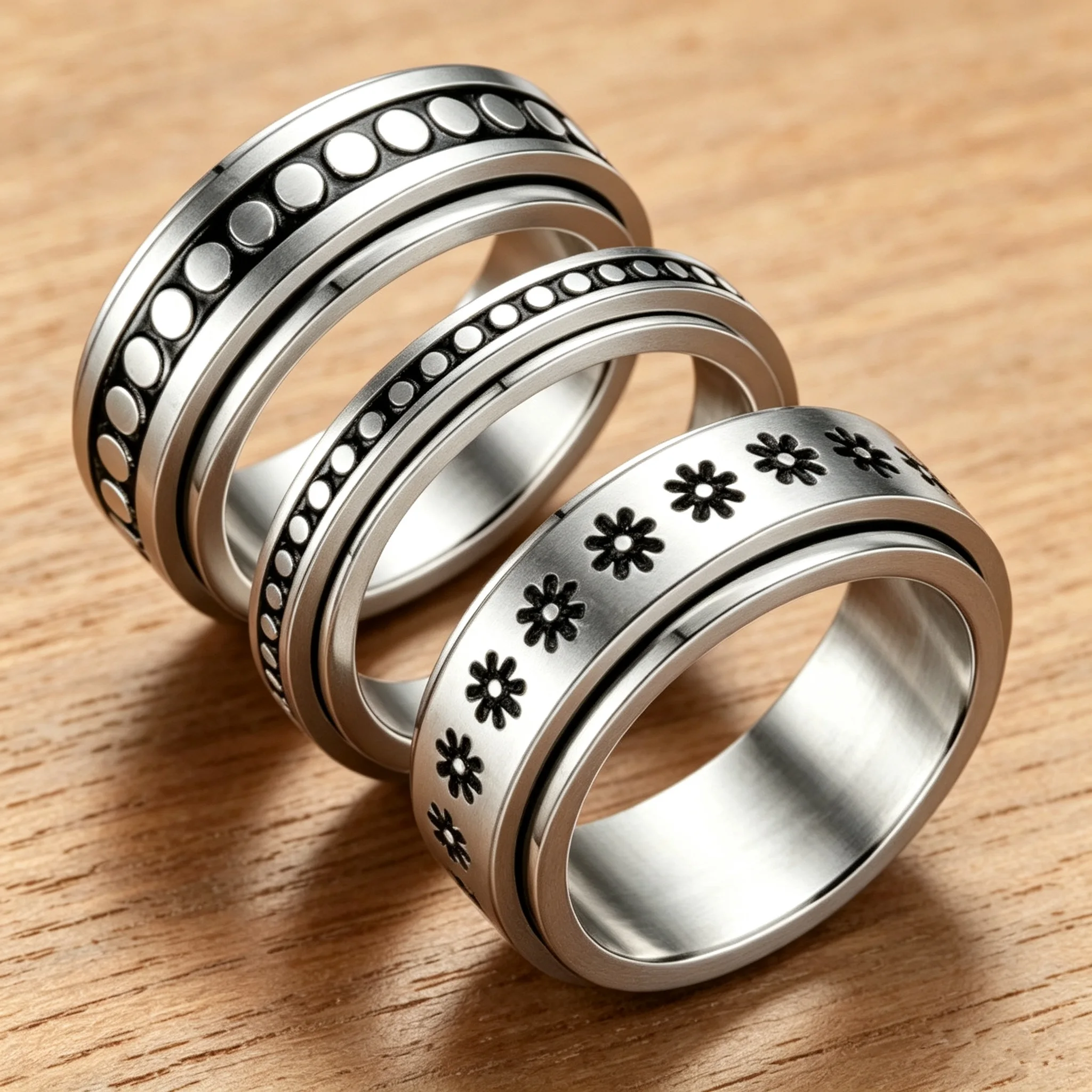 Stainless Steel Spinner Ring for Women Men Retro Flower Dot Engraved Rotating Anxiety Relief Fidget Band Stress Relieving Statem