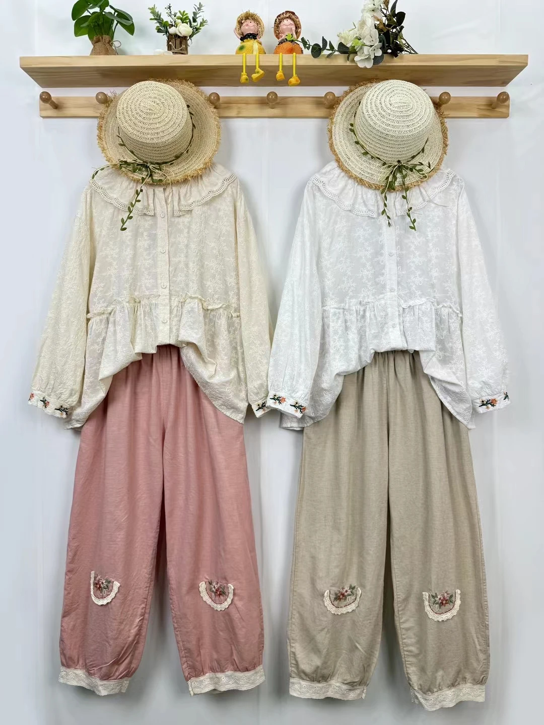 Zomer Nieuwe Katoen Linnen Elastische Taille Kant Zoom Bloemknop Casual Broek Vrouwen Geborduurde Loose Fit Harajuku Sle Negen stuk