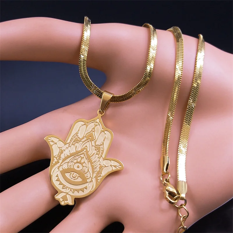 Hamsa Hand Stainless Steel Necklace Gold Color Amulet Hand of Fatima Necklaces Islamic Religious Arabic Jewelry mano de fatima