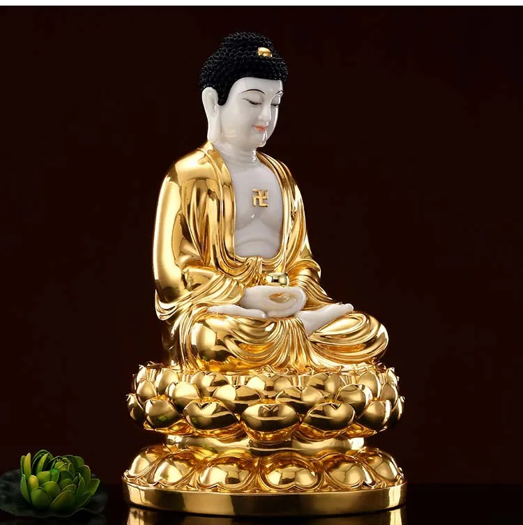 Buddhism figure gilding jade Amitabha Sakyamuni Buddha statue Asia family bless safe Propitious Prosperity